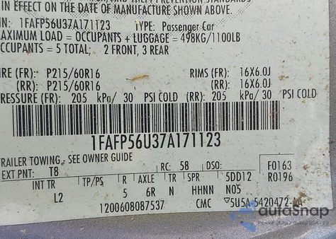 2007 Ford Taurus Sel z USA, uszkodzony, nr VIN 1FAFP56U37A171123